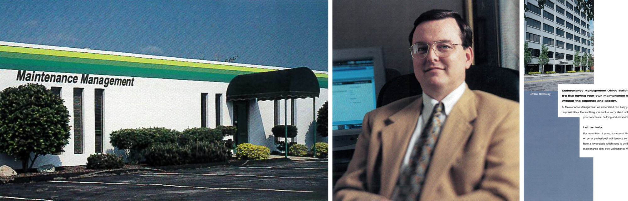 Collage of old Maintenance Management branding and marketing materials.