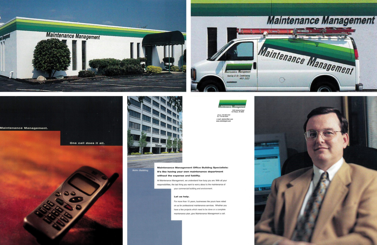 Collage of old Maintenance Management branding and marketing materials.