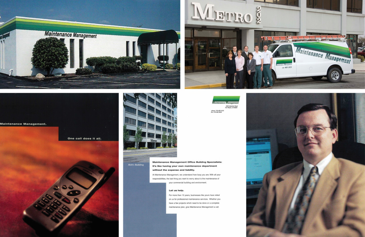 Collage of old Maintenance Management branding and marketing materials.